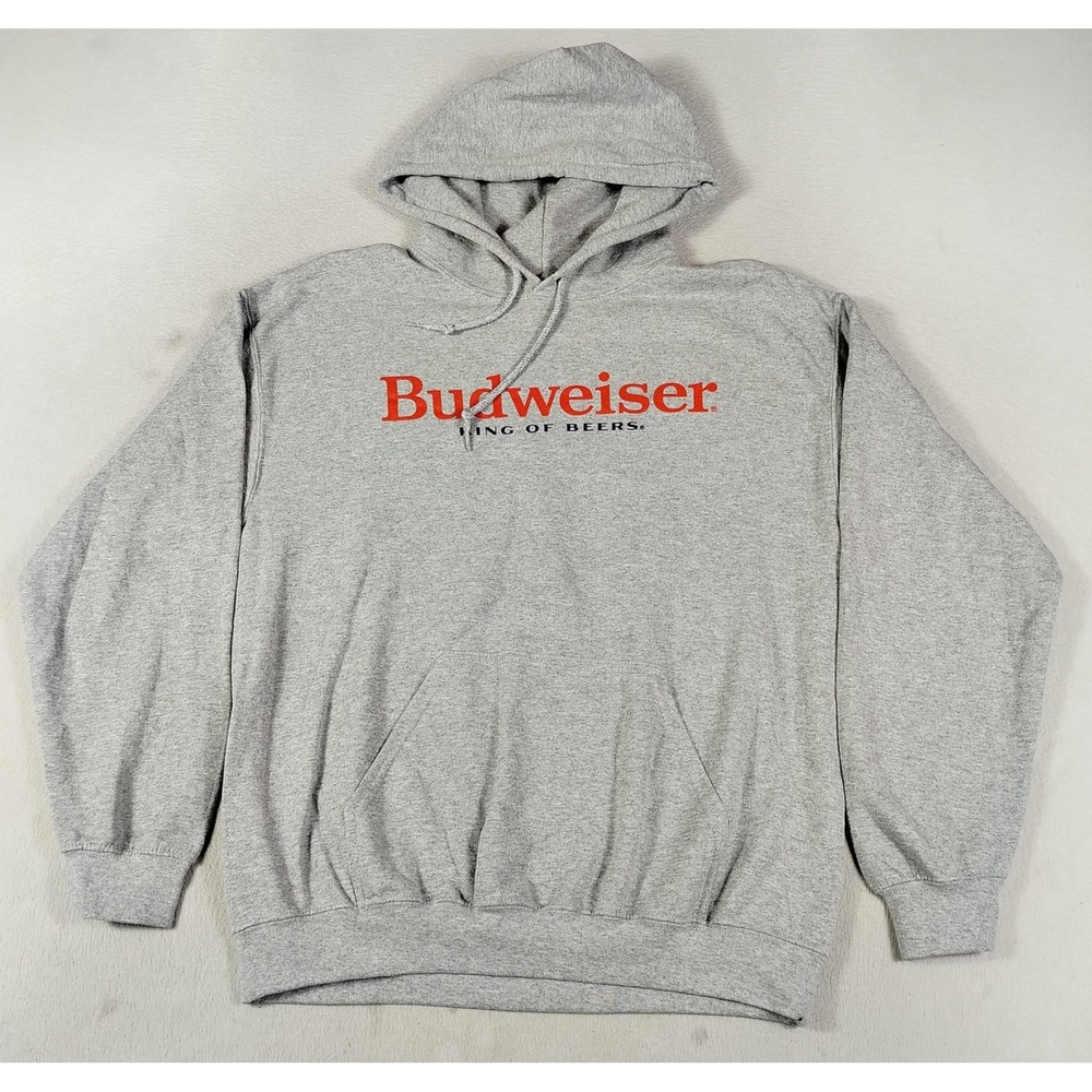 Gildan Hoodie Sweatshirt Mens Medium Gray Budweiser Beer Label Fleece Pullover